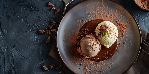  Chocolate and Vanilla Ice Cream Scoops with Cocoa and Chocolate Pieces on Dark Plate