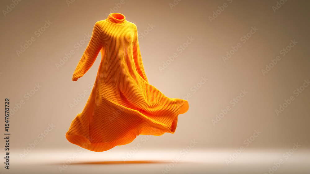 Poster a vibrant orange dress made of textured fabric floats gracefully against a neutral background. the d