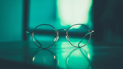 Minimalist eyeglasses on turquoise background with reflection for vision branding product photography clarity optical concept modern clean