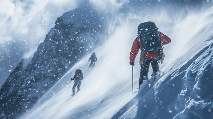 Heavy snowstorm hitting mountain climbers on steep slope