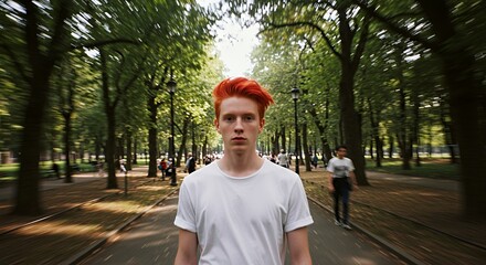 Redhead Teenager Strolling Through a Motion-Blurred Park Path