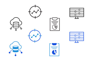 Data Analytics line and flat Icons set. Database, statistics, server, network, big data, data processing, data mining, monitoring, computing icons. Editable vector illustration