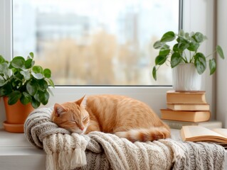 Ginger cat peacefully sleeping on a cozy knitted blanket by a window, surrounded by green plants and books, creating a serene and warm indoor atmosphere