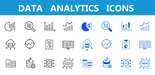 Data Analytics line and flat Icons set. Database, statistics, server, network, big data, data processing, data mining, monitoring, computing icons. Editable vector illustration