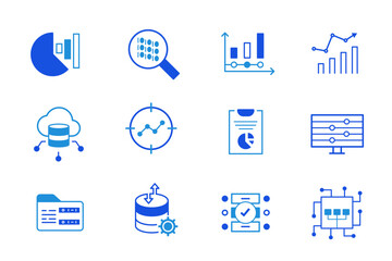Data Analytics solid flat Icons set. Database, statistics, server, network, big data, data processing, data mining, monitoring, computing icons. Editable vector illustration