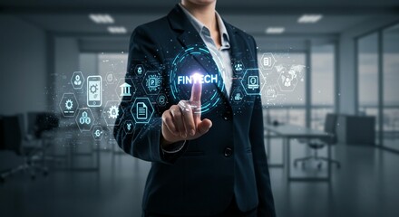 Business woman interacting with fintech hologram