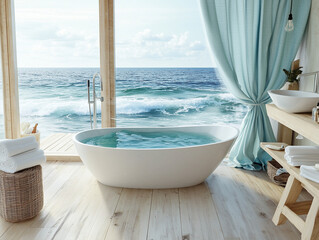 Obraz na płótnie Canvas Modern minimalist bathroom overlooking inspiring ocean view