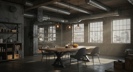 Fototapeta premium Industrial chic room interior with large windows