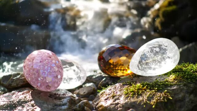 Yoni four polished gemstone eggs near waters edge. Suitable for wellness, holistic, crystal healing, feminine energy, and relaxation concepts.