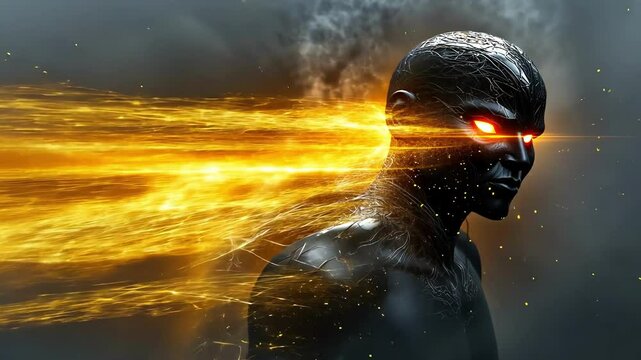 A powerful, dark humanoid figure with glowing orange eyes, dissipating into streaks of fiery light, conveying speed and energy.