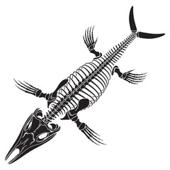 Fototapeta premium Legacy of the ancient deep – Ichthyosaurus skeleton silhouette fused with structured Ichthyosaurus skeleton vector – Ichthyosaurus skeleton illustration