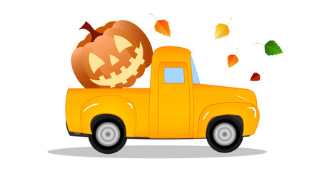 A bright orange truck drives through an autumn landscape, featuring a large carved pumpkin in its bed. Halloween. Colorful leaves fall gently, creating a festive seasonal atmosphere
