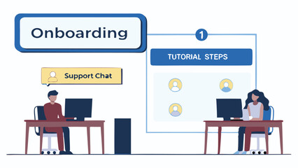 Illustration of onboarding process with tutorial steps and support chat for new employees at desks using pc