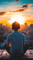Man enjoying music alone on rooftop with sunset city view behind