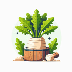 Stylized depiction of a root vegetable, like a turnip or parsnip,  presented within a wooden tub. Lush green leaves surround the bulb.  The image style is flat, cartoon-like.