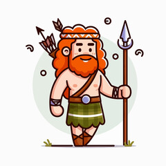 Cheerful, stylized illustration of a male figure dressed in a kilt and holding a spear.  He has a reddish beard and curly hair.