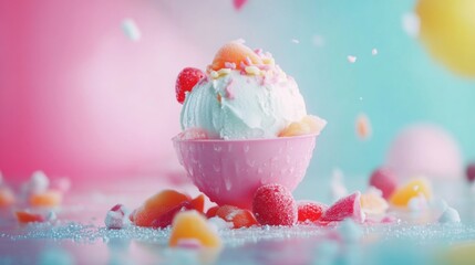 Ice cream sundae with colorful sprinkles and candy for dessert food photography branding summer concept scene