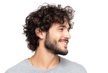 A young man with curly hair and a beard smiling confidently while looking to the side against a plain background. showcasing a relaxed and approachable demeanor suitable for lifestyle imagery