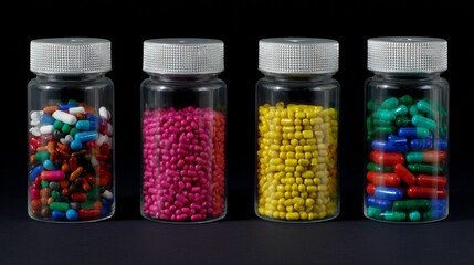 Plastic jars filled with colorful vitamins and capsules on black background for pharmaceutical branding product concept scene