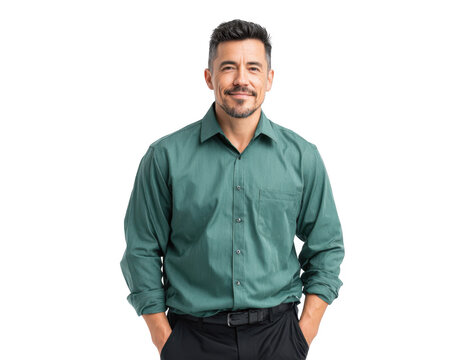 A confident man in a green shirt stands smiling against a clean white background. exuding professionalism and approachability. ideal for corporate or personal branding use - Powered by Adobe