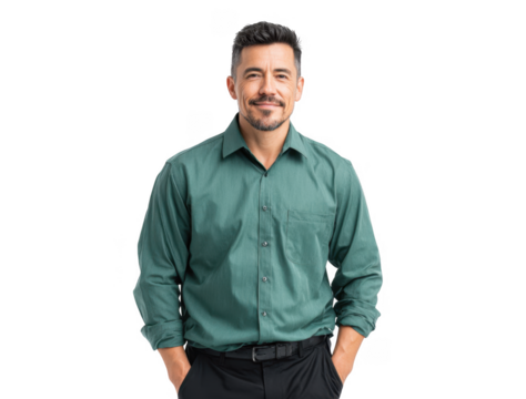 A confident man in a green shirt stands smiling against a clean white background. exuding professionalism and approachability. ideal for corporate or personal branding use