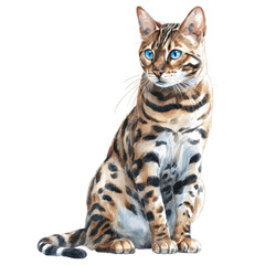 Fototapeta premium A beautifully illustrated Bengal cat sitting gracefully. showcasing its striking coat patterns and vibrant blue eyes. against a simple white background. ideal for pet-related content and art