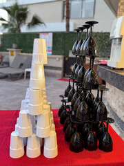 Glasses pyramid prepared for a festive event or celebration
