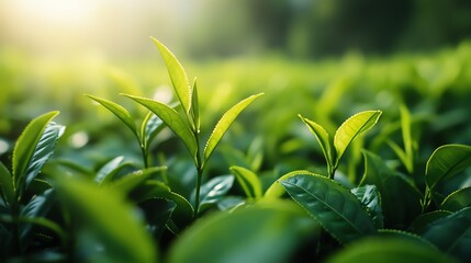 Close-up of vibrant green tea leaves growing under soft sunlight in a lush plantation.