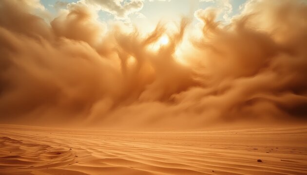 Sandstorm in the Desert with Dramatic Clouds and Bright Sunlight