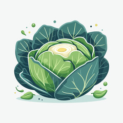 A vibrant cartoon illustration of a fresh, green cabbage with detailed leaves and a light-colored center.
