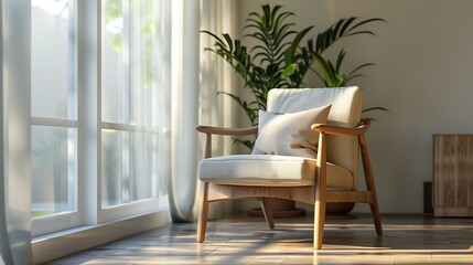 Cozy wooden armchair in sunlit interior