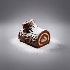 ule log cake (Bûche de Noël) with powdered sugar snow isolated on white background 1