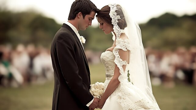 A newly married couple stands close together on their wedding day