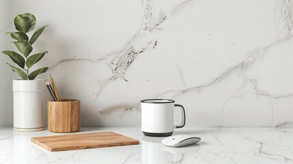 Minimalist coffee cup and plant on table