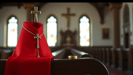 Red cassock biretta gold cross and cardinal ring resting on a wooden bench inside the chapel symboli