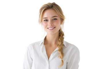 A young woman with a braided hairstyle smiles warmly at the camera. dressed in a white shirt. set against a bright. minimalistic background that emphasizes her cheerful expression