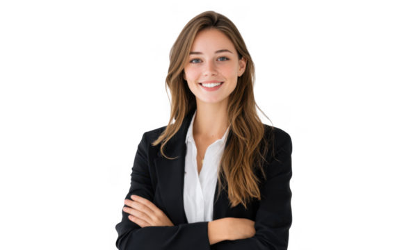 A confident young woman in a black blazer stands with her arms crossed. smiling warmly against a plain white background. ideal for professional or corporate use