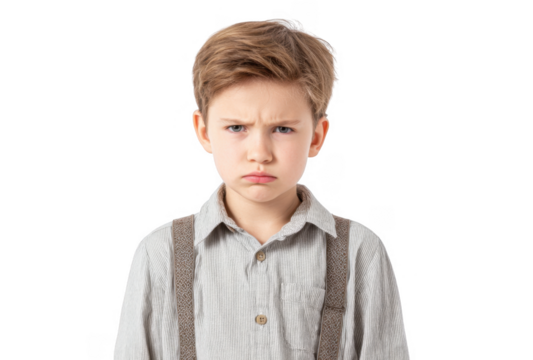 A young boy with a serious expression stands against a plain background. wearing a light gray shirt and suspenders. conveying emotions of frustration or disappointment