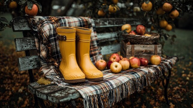 A bench with a pair of yellow rain boots and a basket of apples on it - Powered by Adobe
