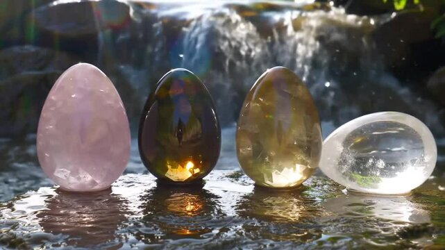 Yoni four polished gemstone eggs near waters edge. Suitable for wellness, holistic, crystal healing, feminine energy, and relaxation concepts.