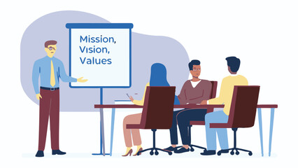 A presenter standing next to a whiteboard with mission vision values while people sit at a conference table