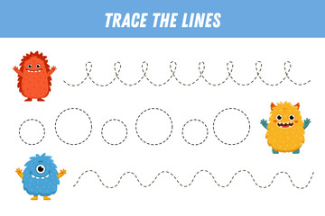 Tracing lines for kids. Cute cartoon monsters. Handwriting practice. Educational game for preschool kids. Activity page. Vector
