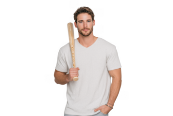 A confident young man stands against a plain background. holding a baseball bat casually in one hand. showcasing a relaxed yet assertive demeanor. ideal for sports or lifestyle themes