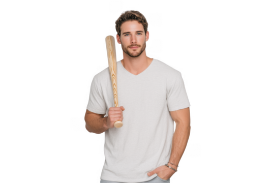 A confident young man stands against a plain background. holding a baseball bat casually in one hand. showcasing a relaxed yet assertive demeanor. ideal for sports or lifestyle themes