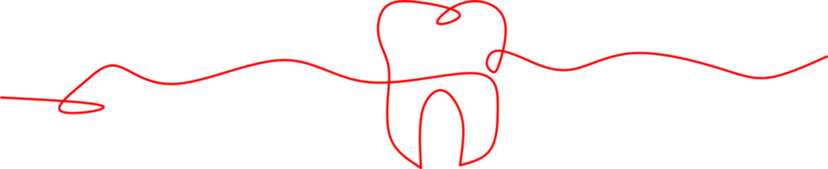 Minimalist one-line drawing of a tooth with dental floss, symbolizing oral care and dental hygiene. Perfect for dental clinic logos or health-related designs.
