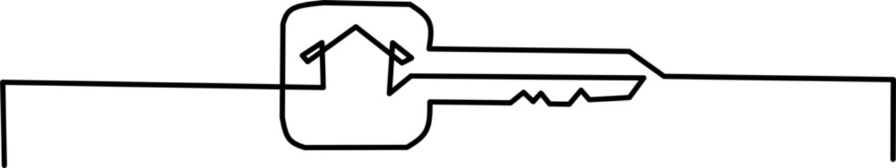 One-line drawing of a key with a house symbol, representing home security, real estate, and new beginnings. Perfect for logos, icons, or website design.