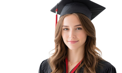 A young woman in a graduation cap and gown smiles confidently at the camera. showcasing her achievement in a bright. minimalistic setting. symbolizing success and future opportunities