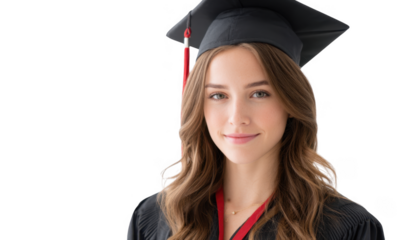 A young woman in a graduation cap and gown smiles confidently at the camera. showcasing her achievement in a bright. minimalistic setting. symbolizing success and future opportunities