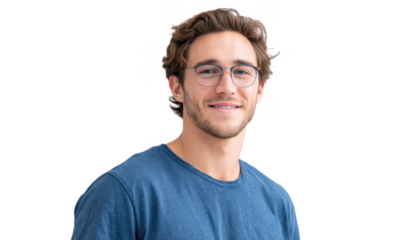 A young man with glasses smiles confidently while wearing a casual blue t-shirt. set against a clean white background. perfect for use in lifestyle and personal branding contexts