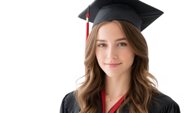 A young woman in a graduation cap and gown smiles confidently at the camera. showcasing her achievement in a bright. minimalistic setting. symbolizing success and future opportunities - Powered by Adobe